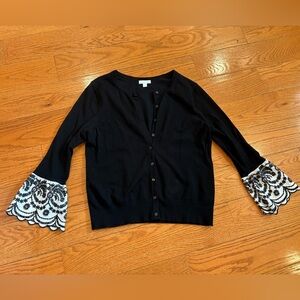 Charter Club Black Button-Front Cardigan w/ Embroidered Lace Bell Cuffs - Large
